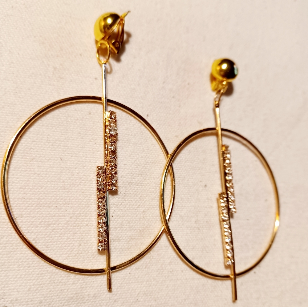 Clip on rhinestone hoop earrings gold